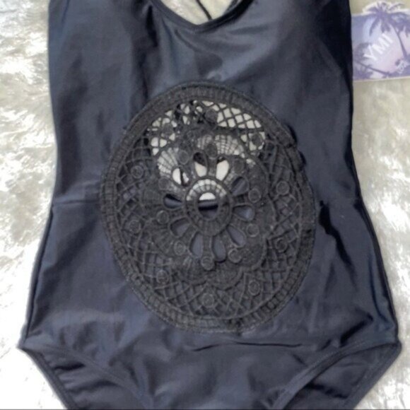 YMI Black Cutout Lace Center One Piece Swimsuit - Picture 3 of 5